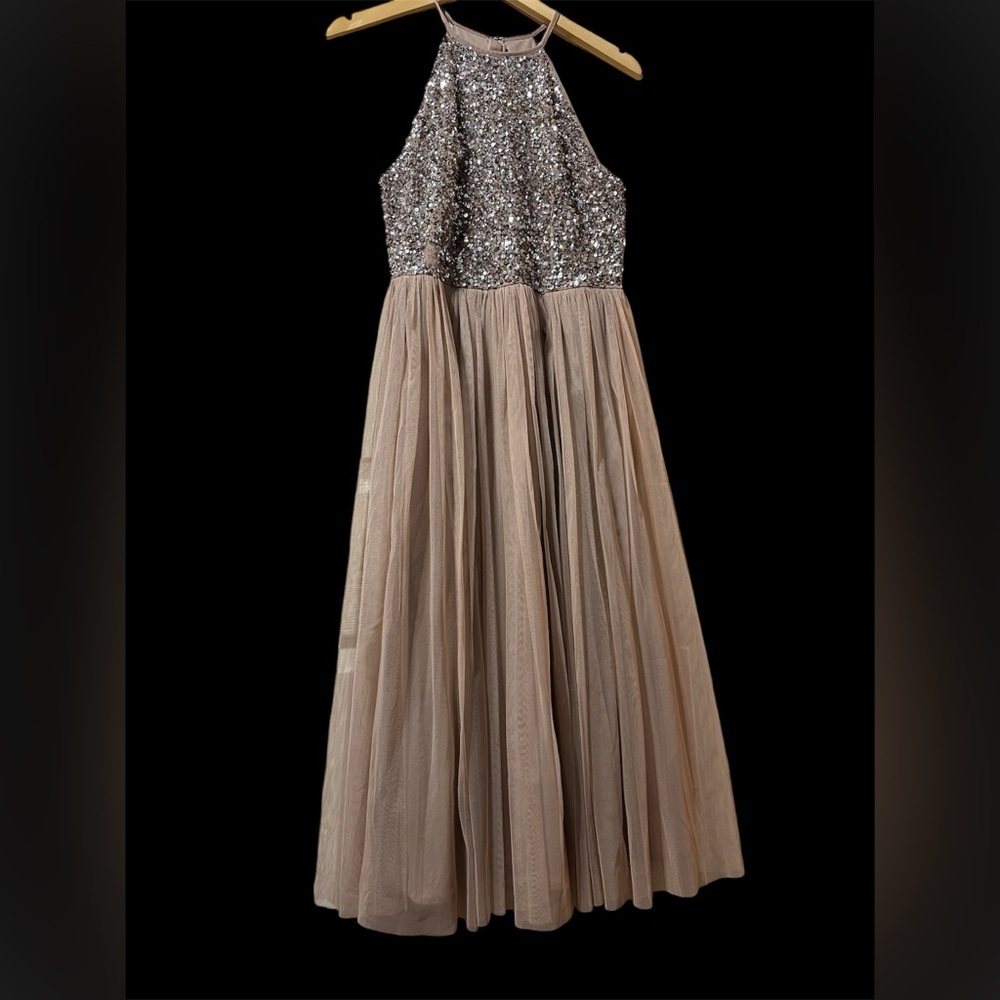 Prom dress Maya Deluxe Womens Gown Gold Sequins and Toll bottom Size Small - Picture 8 of 12